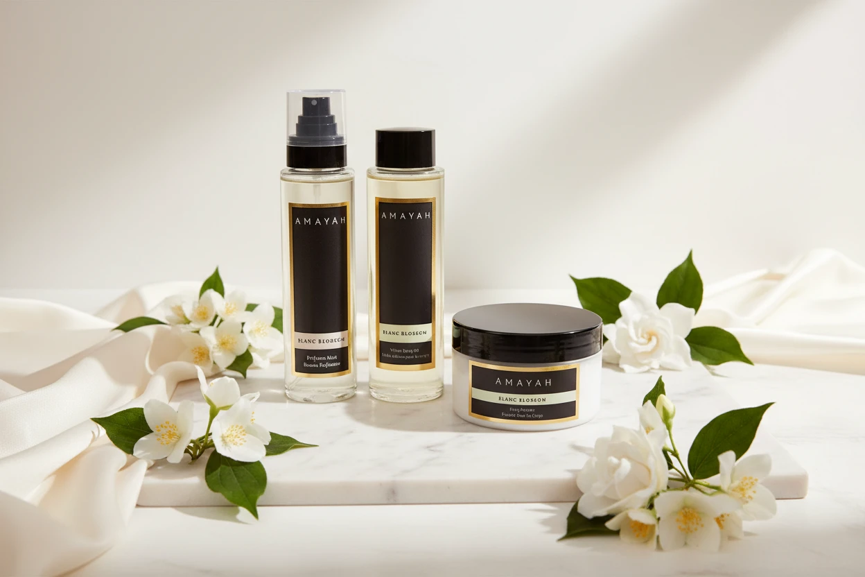 المجموعة الكاملة للعناية "بلانك بلوسم" برائحة الزهور البيضاء، مسك، حمضيات