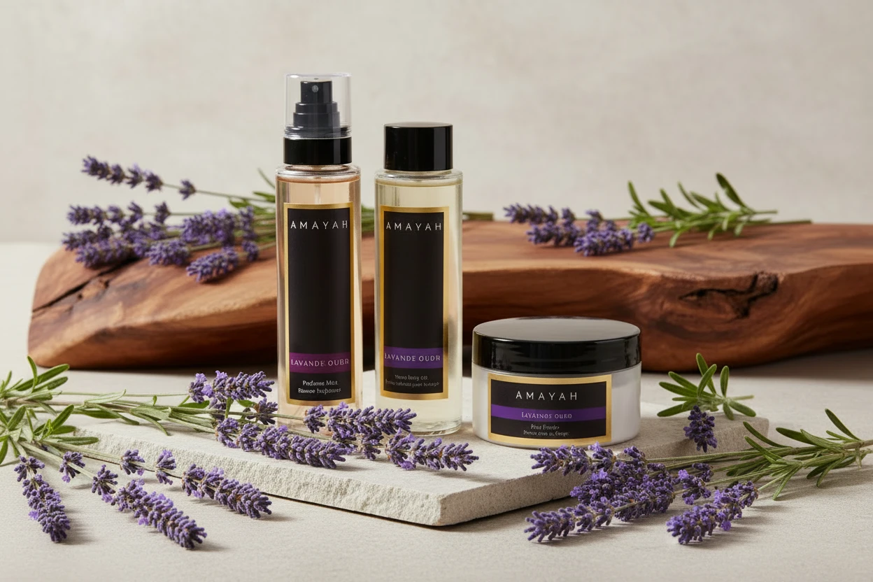 المجموعة الكاملة للعناية "لافندا عود" برائحة الخزامي، مسك، عود